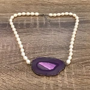 Sterling Silver Freshwater Pearl Beaded Purple Agate Slice Pendant Necklace 22"L